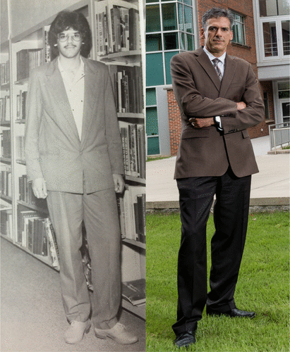 Photos of Hernandez as a High School Senior (at left) and a Full Professor (at right).
